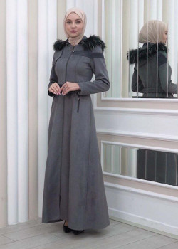 1332 مانطو نسائي للمحجبات مع حزام و طاقية - رصاصي