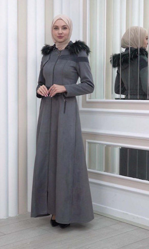 1332 مانطو نسائي للمحجبات مع حزام و طاقية - رصاصي