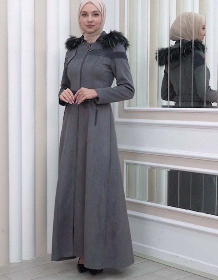 HOODED ZIPPERED HIJAB TOPCOAT 1332 Koyu gri