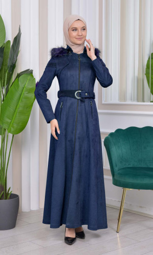 1332 مانطو نسائي للمحجبات مع حزام و طاقية - كحلي