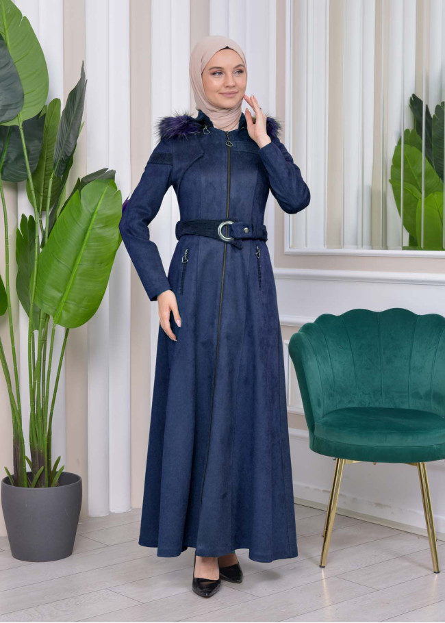 HOODED ZIPPERED HIJAB TOPCOAT 1332 Lacivert