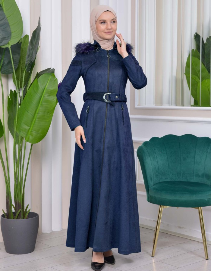 HOODED ZIPPERED HIJAB TOPCOAT 1332 Lacivert