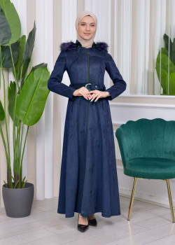 1332 مانطو نسائي للمحجبات مع حزام و طاقية - كحلي