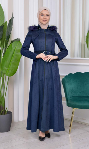 1332 مانطو نسائي للمحجبات مع حزام و طاقية - كحلي