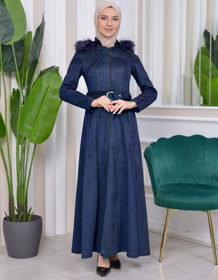 HOODED ZIPPERED HIJAB TOPCOAT 1332 Lacivert