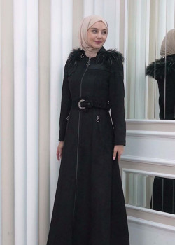 1332 مانطو نسائي للمحجبات مع حزام و طاقية - اسود