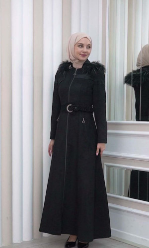 1332 مانطو نسائي للمحجبات مع حزام و طاقية - اسود