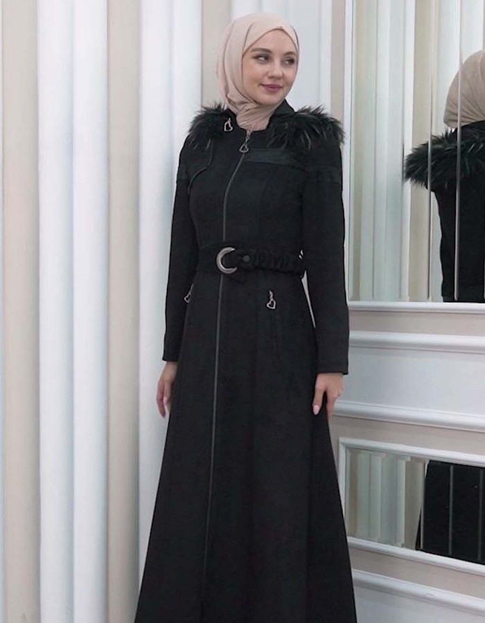 HOODED ZIPPERED HIJAB TOPCOAT 1332 Siyah