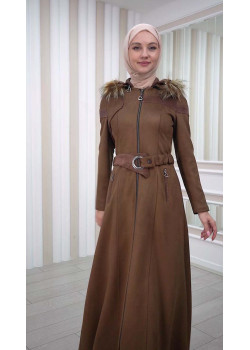 1332 مانطو نسائي للمحجبات مع حزام و طاقية - بني