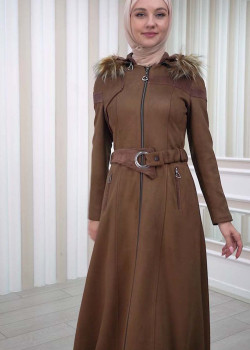 1332 مانطو نسائي للمحجبات مع حزام و طاقية - بني