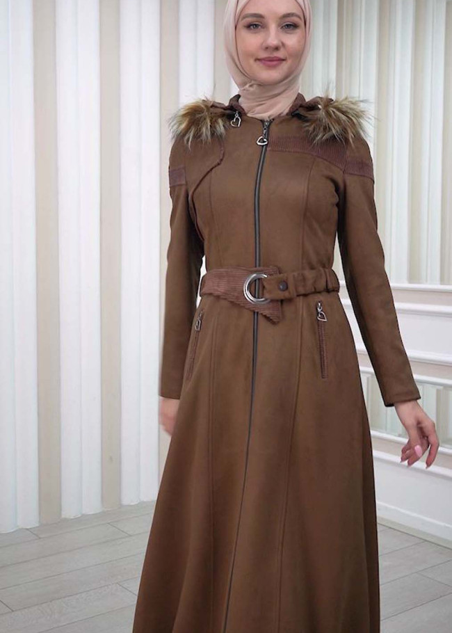HOODED ZIPPERED HIJAB TOPCOAT 1332 Kahverengi