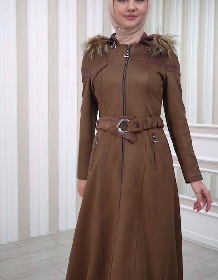 HOODED ZIPPERED HIJAB TOPCOAT 1332 Kahverengi