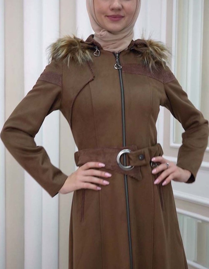 HOODED ZIPPERED HIJAB TOPCOAT 1332 Kahverengi