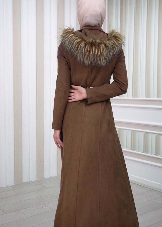 HOODED ZIPPERED HIJAB TOPCOAT 1332 Kahverengi