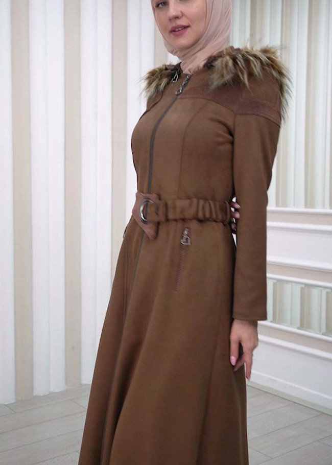 HOODED ZIPPERED HIJAB TOPCOAT 1332 Kahverengi