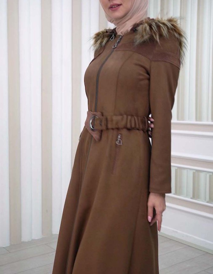 HOODED ZIPPERED HIJAB TOPCOAT 1332 Kahverengi