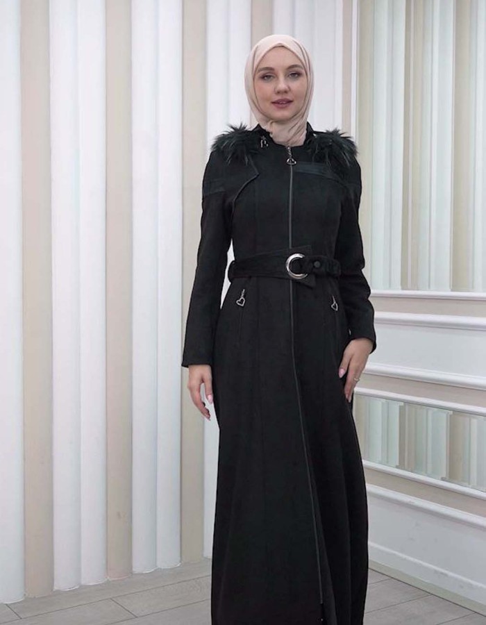 HOODED ZIPPERED HIJAB TOPCOAT 1332 Siyah