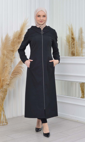 Hooded Zippered Hijab Trench Coat 1202 - black