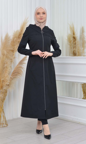 Hooded Zippered Hijab Trench Coat 1202 - black