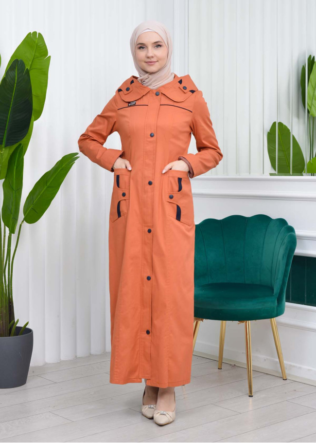 Hooded Zippered Hijab Trenchcoat - 1121 Turuncu