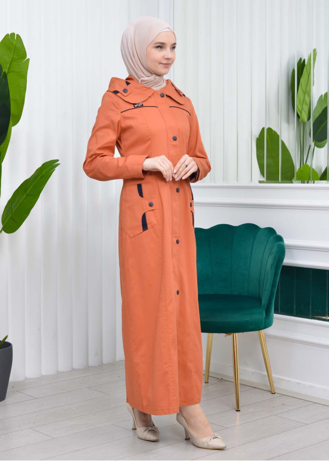 Hooded Zippered Hijab Trenchcoat - 1121 Turuncu