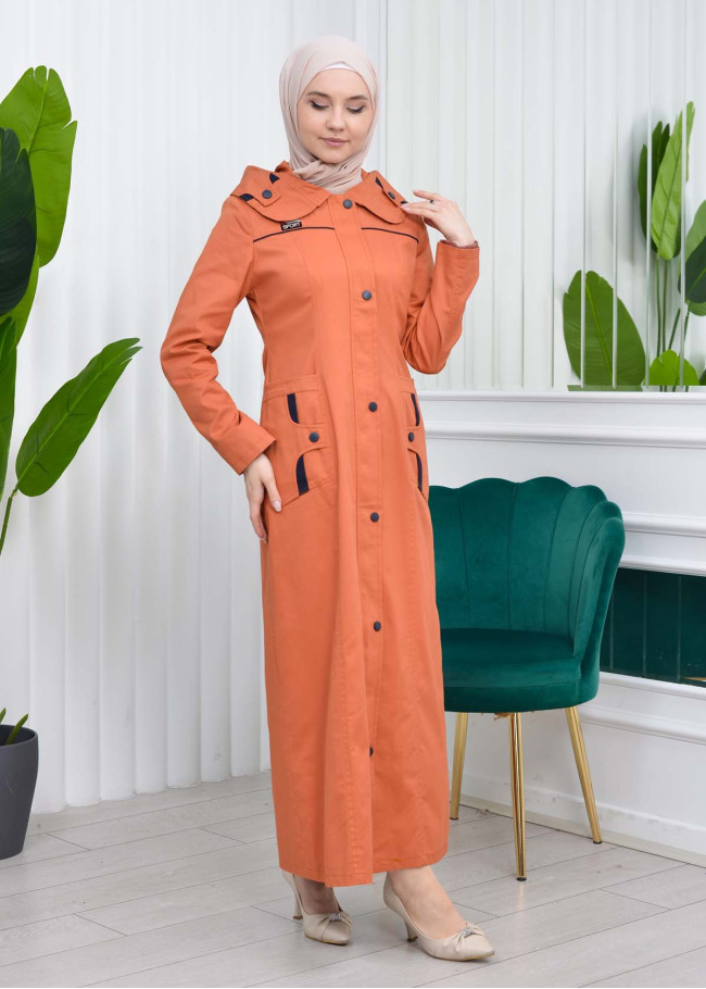 Hooded Zippered Hijab Trenchcoat - 1121 Turuncu