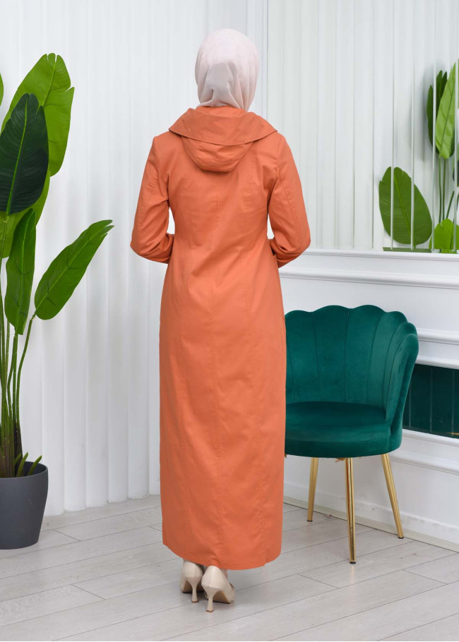 Hooded Zippered Hijab Trenchcoat - 1121 Turuncu