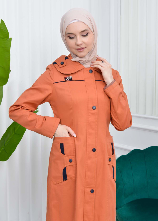 Hooded Zippered Hijab Trenchcoat - 1121 Turuncu
