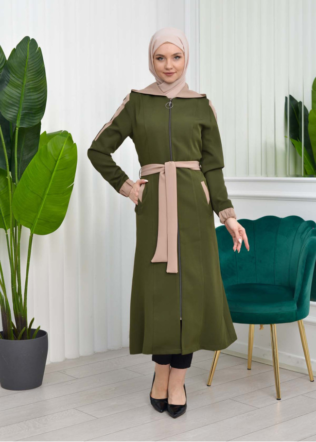 ترانشكوت نسائي قصير للمحجبات  مع حزام و طاقية - كود 1210 Yeşil