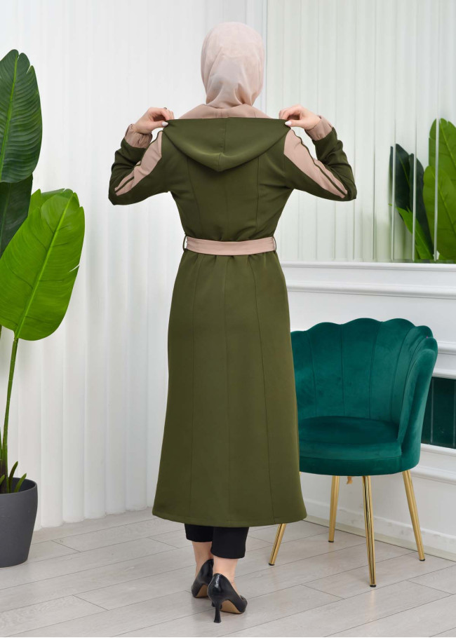 ترانشكوت نسائي قصير للمحجبات  مع حزام و طاقية - كود 1210 Yeşil