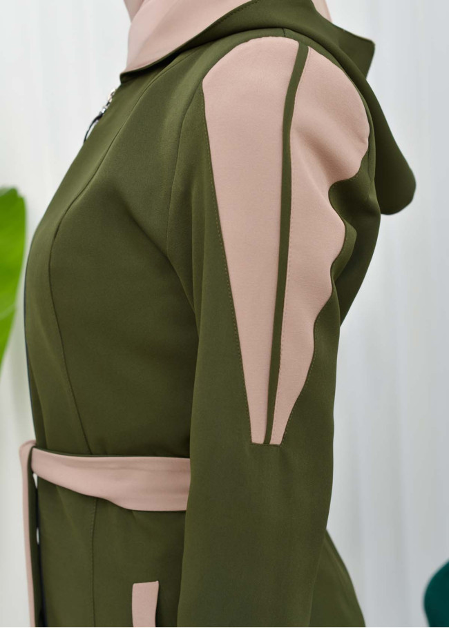 ترانشكوت نسائي قصير للمحجبات  مع حزام و طاقية - كود 1210 Yeşil