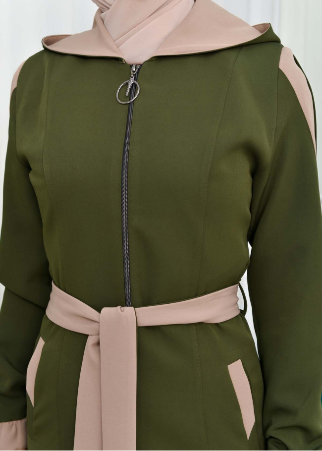 ترانشكوت نسائي قصير للمحجبات  مع حزام و طاقية - كود 1210 Yeşil