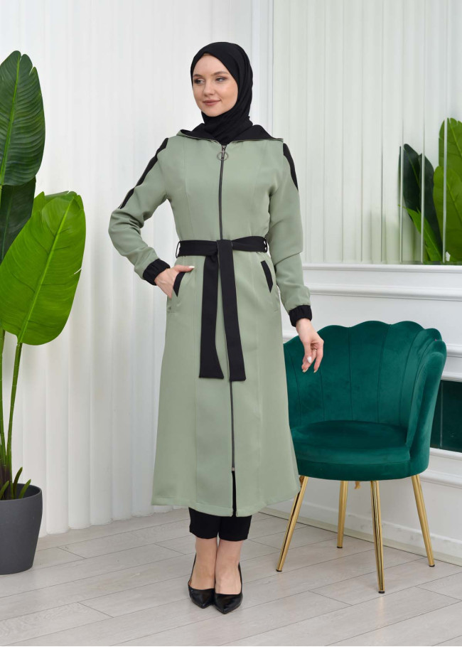 HOODED SHORT TRENCH COAT WITH BELT - CODE : 1210 Mint