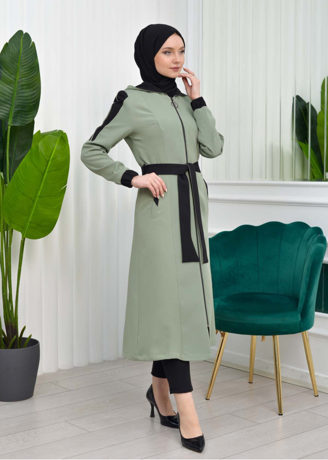 HOODED SHORT TRENCH COAT WITH BELT - CODE : 1210 Mint