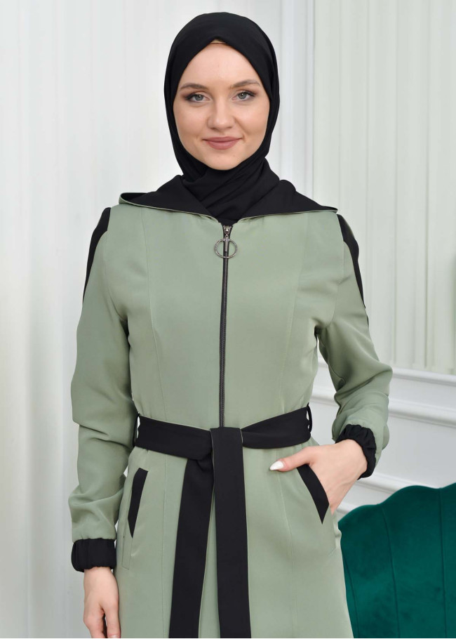 HOODED SHORT TRENCH COAT WITH BELT - CODE : 1210 Mint