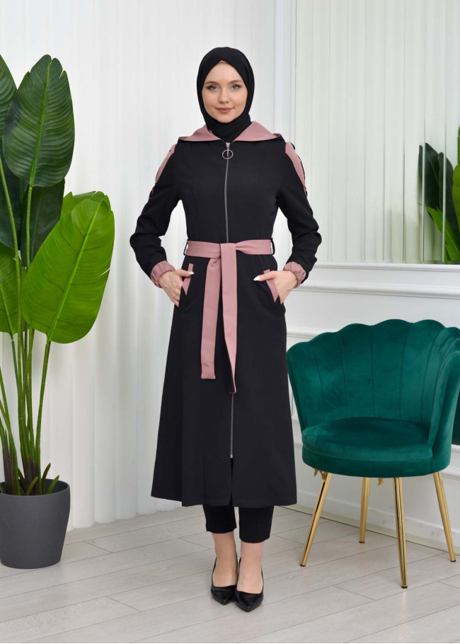 ترانشكوت نسائي قصير للمحجبات  مع حزام و طاقية - كود 1210 Açık Pembe