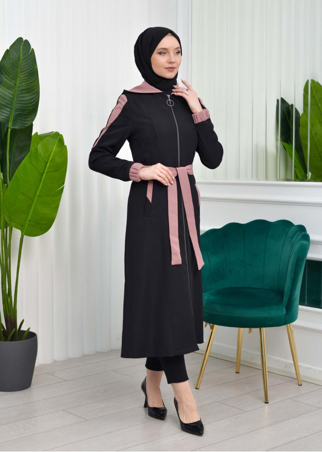 ترانشكوت نسائي قصير للمحجبات  مع حزام و طاقية - كود 1210 Açık Pembe