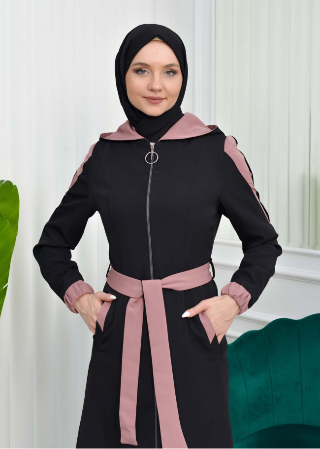 ترانشكوت نسائي قصير للمحجبات  مع حزام و طاقية - كود 1210 Açık Pembe