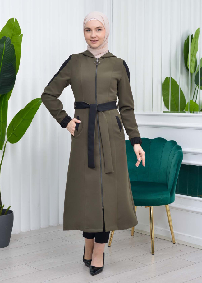 HOODED SHORT TRENCH COAT WITH BELT - CODE : 1210 kuyu haki