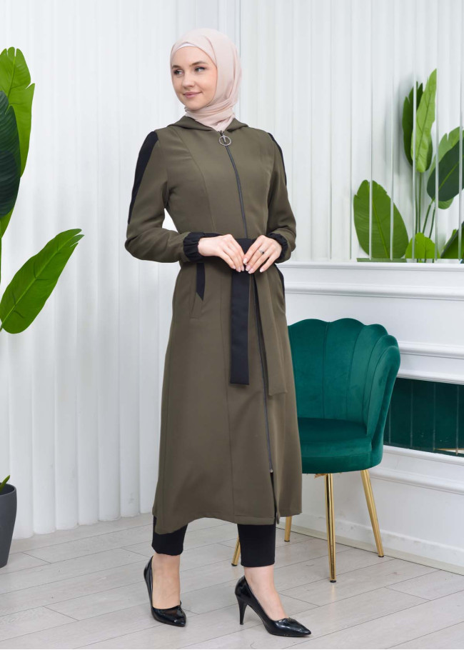 HOODED SHORT TRENCH COAT WITH BELT - CODE : 1210 kuyu haki