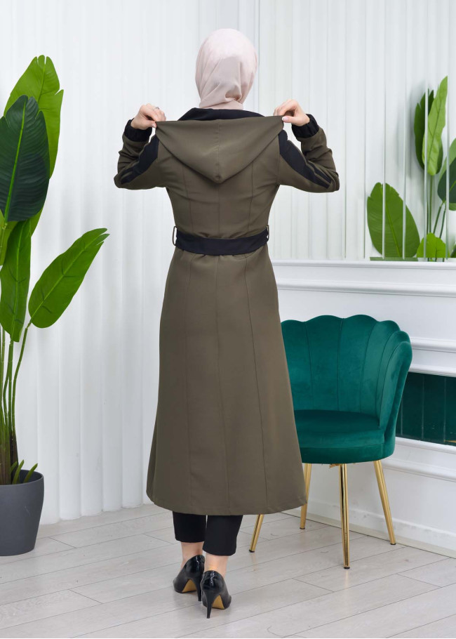HOODED SHORT TRENCH COAT WITH BELT - CODE : 1210 kuyu haki