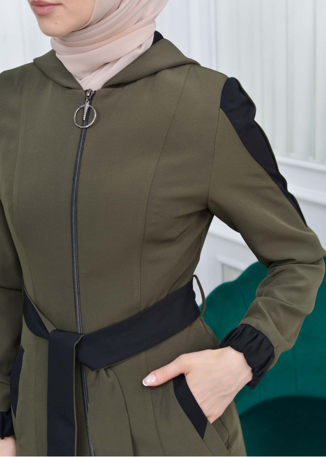 HOODED SHORT TRENCH COAT WITH BELT - CODE : 1210 kuyu haki