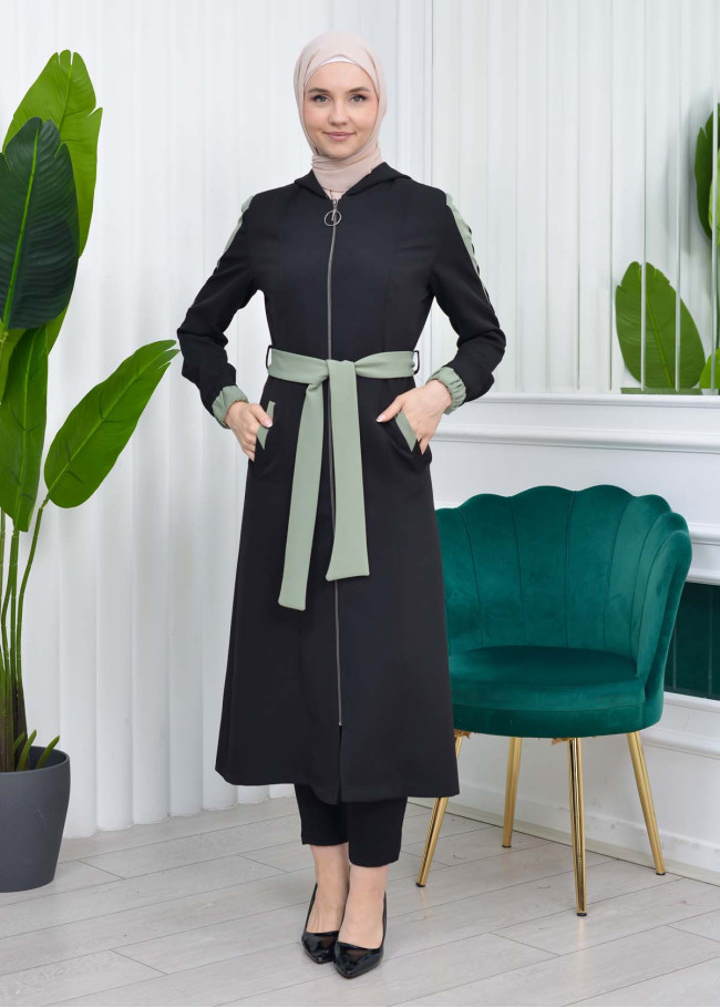 HOODED SHORT TRENCH COAT WITH BELT - CODE : 1210 Fıstık