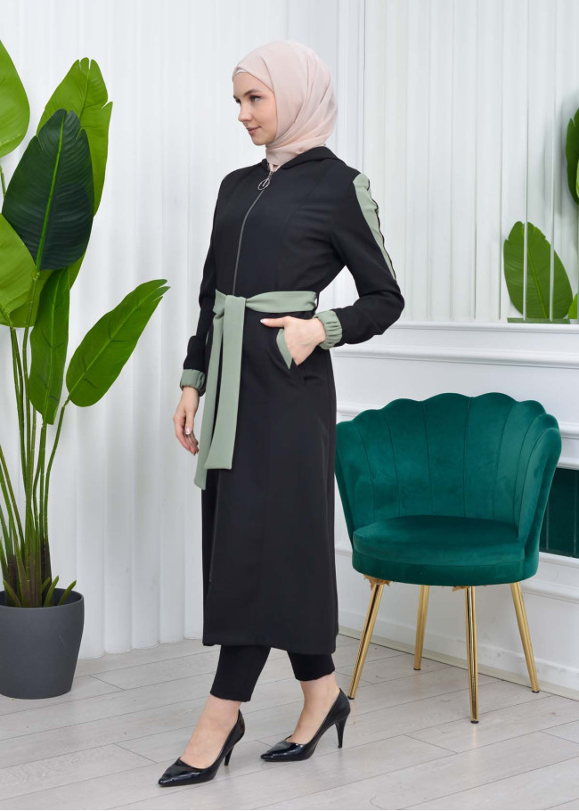 HOODED SHORT TRENCH COAT WITH BELT - CODE : 1210 Fıstık