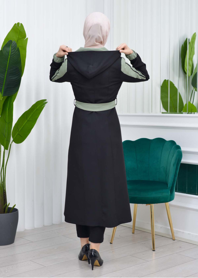 HOODED SHORT TRENCH COAT WITH BELT - CODE : 1210 Fıstık