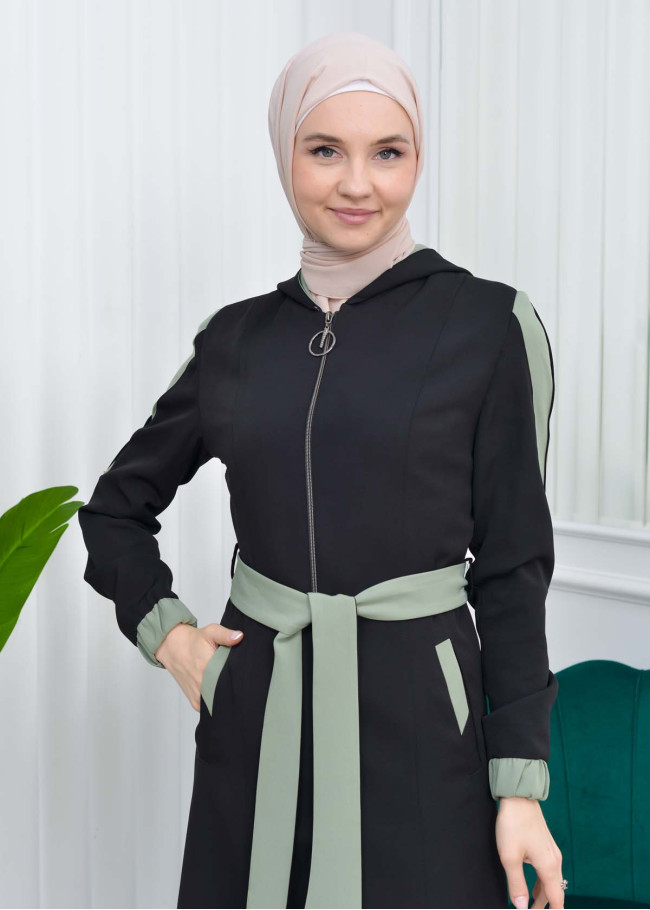 HOODED SHORT TRENCH COAT WITH BELT - CODE : 1210 Fıstık
