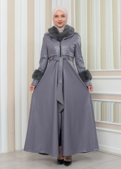 مانطو جلد نسائي شتوي مع كبشون فرو 1349 - فضي