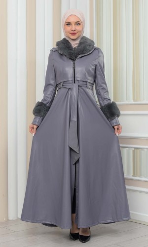 HOODED FUR SLEEVE BELT LEATHER COAT 1349 - gray