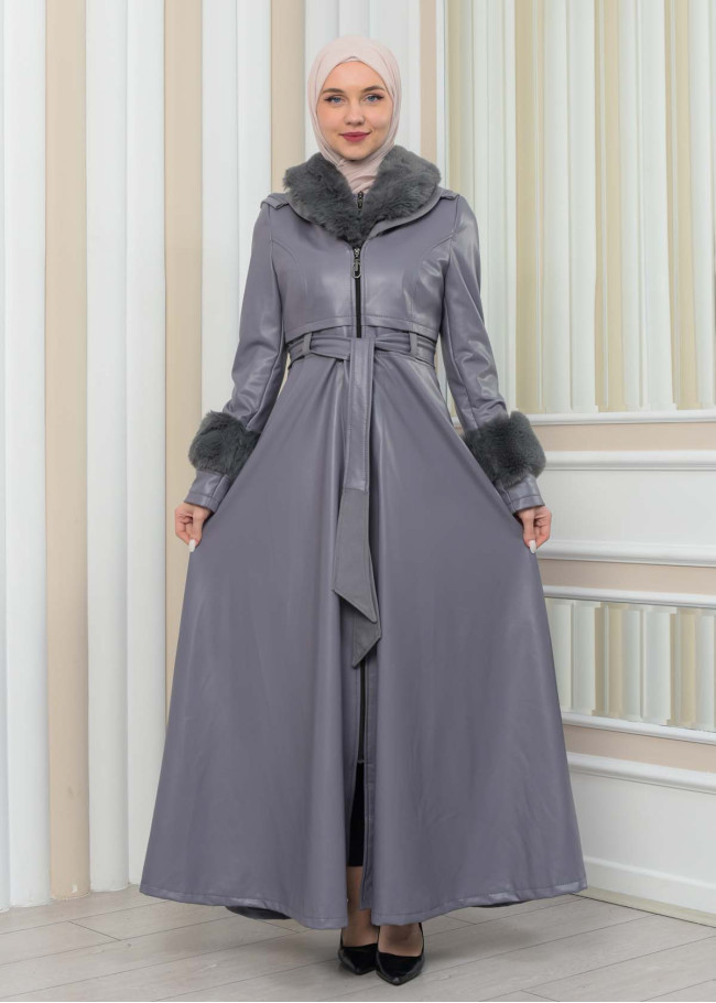 مانطو جلد نسائي شتوي مع كبشون فرو 1349 Gri