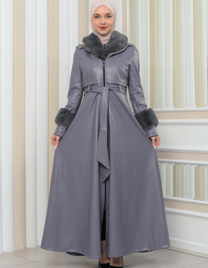 HOODED FUR SLEEVE BELT LEATHER COAT 1349 - gray